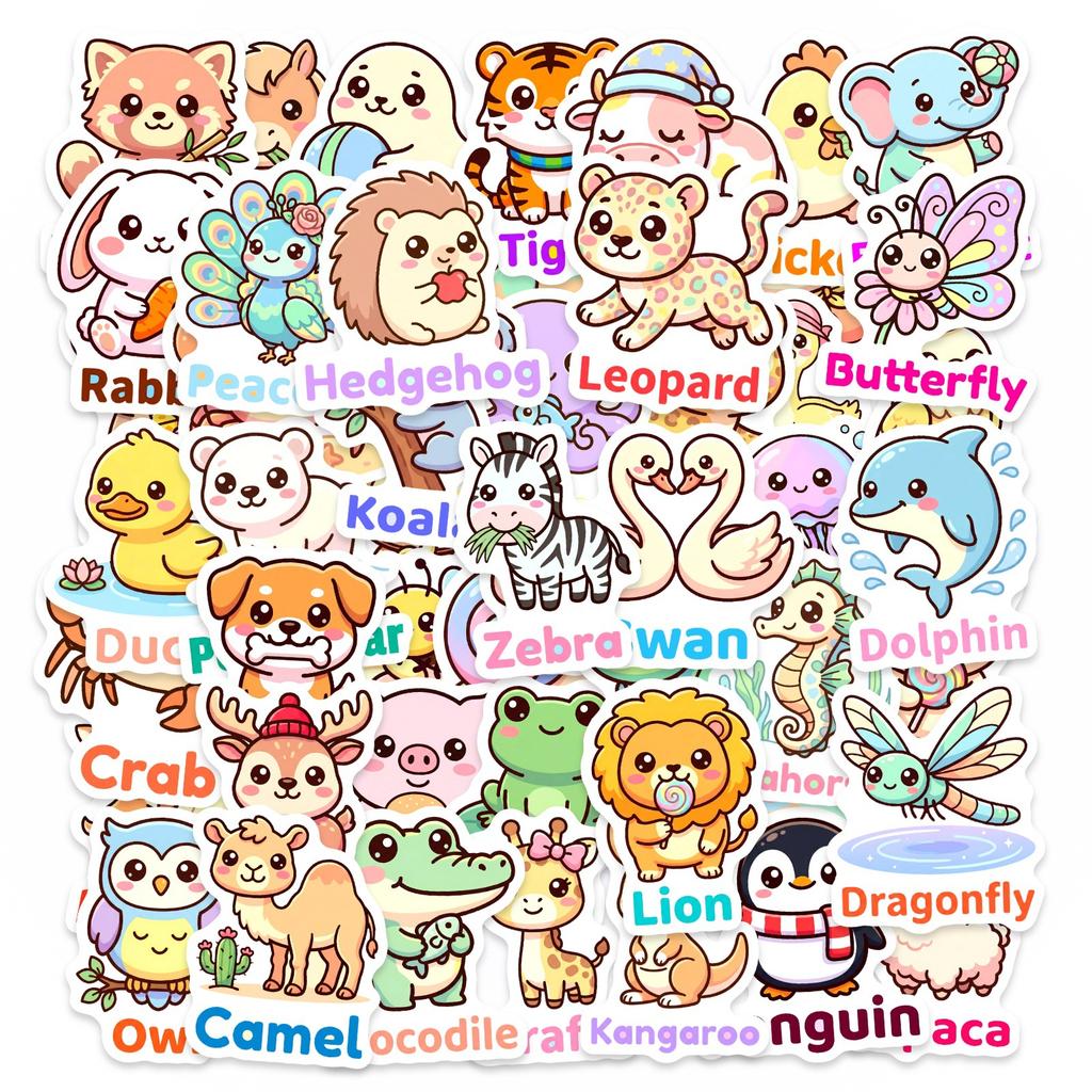 50 Cute Cartoon Animal Stickers Children'S Hand Account Decoration Waterproof Stationery Stickers Creative Stickers Small Fresh
