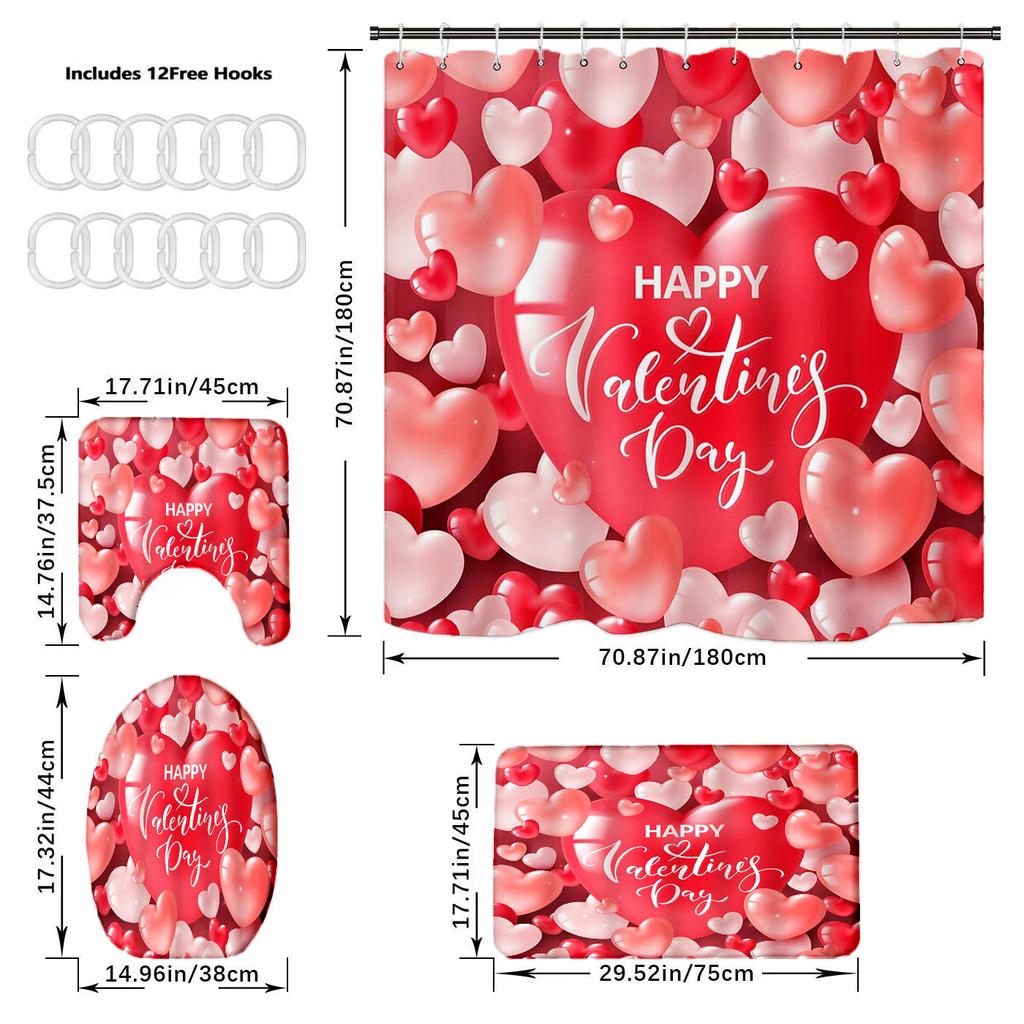 Valentine'S Day Bathroom Set: Heart Design Shower Curtain, Toilet Cover & Mats With 12 Free Hooks, Red Pink White Romantic Decor
