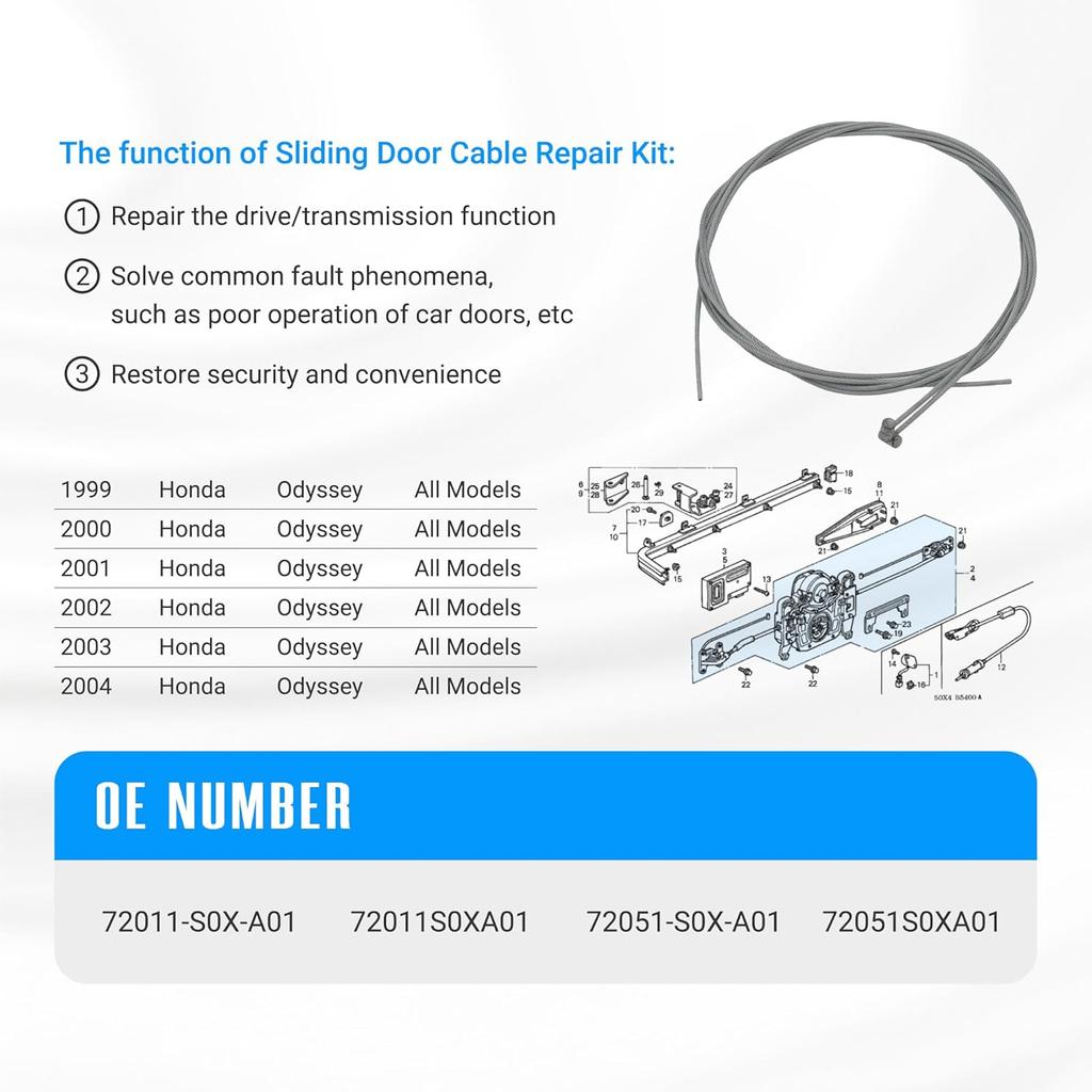 Sliding Door Cable Repair Kit for 1999 2000 2001 2002 2003 2004 Honda Odyssey 3.5L V6 72011S0XA01 72051S0XA01