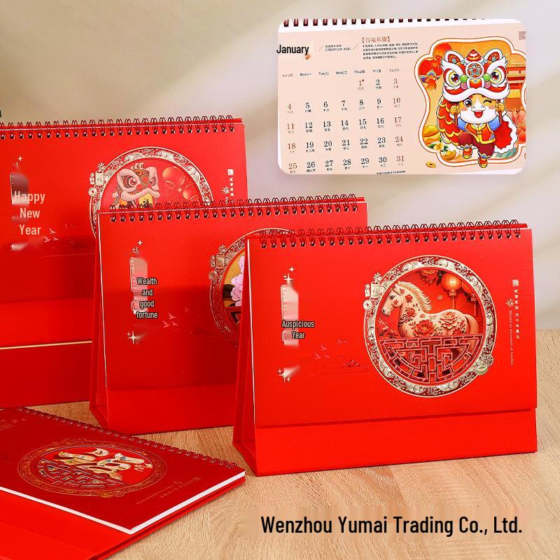 2026 3D Red Festive Desk Calendar: Fine Carving, Hollowed-out Design, Wire-o Binding, Customized Logo Option