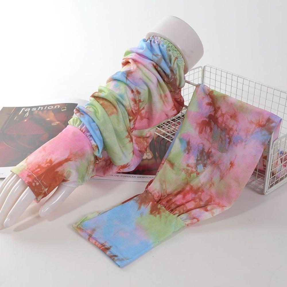 Tie Dyeing Long Ice Silk Sleeves Ethnic Style Cycling Gloves Breathable Sunscreen Arm Covers  Women