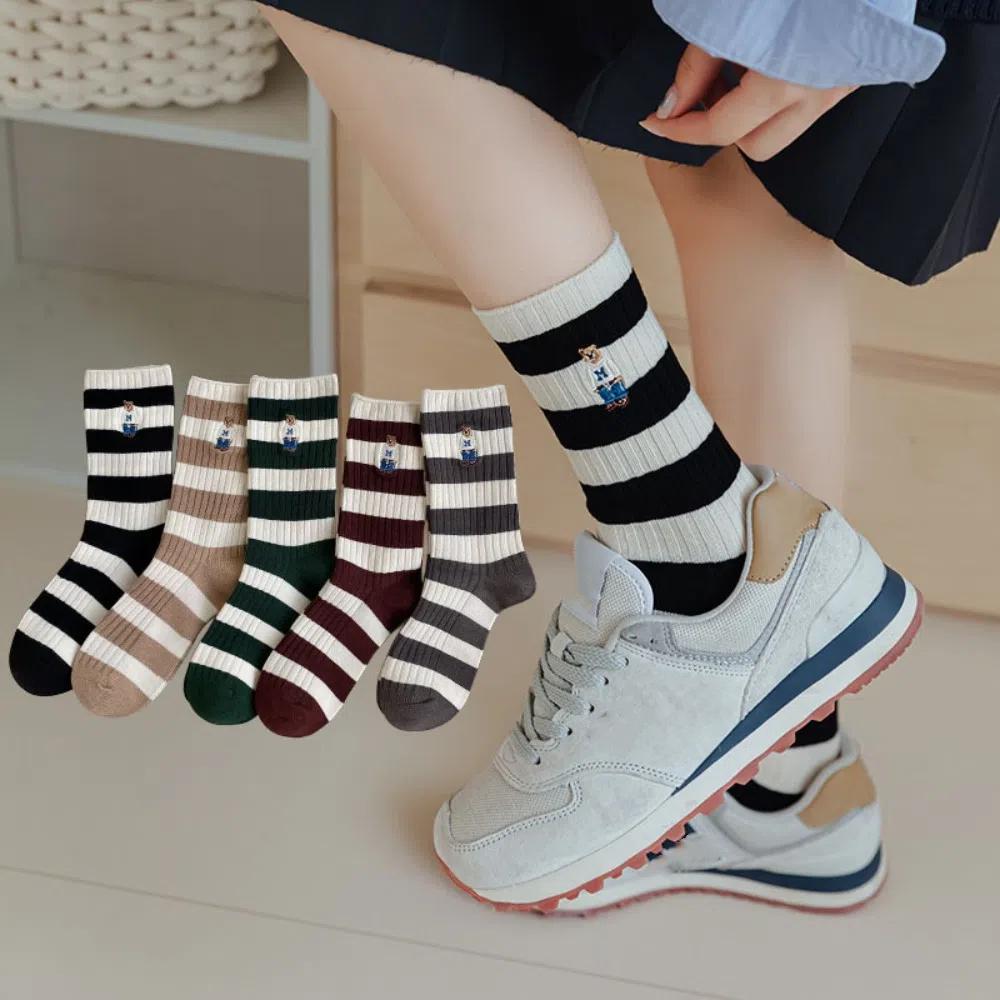 

5 пар носков Lolita JK Autumn Striped Socks Embroidery Bear Socks Mid-Ice Socks Women Teenagers 5pairs