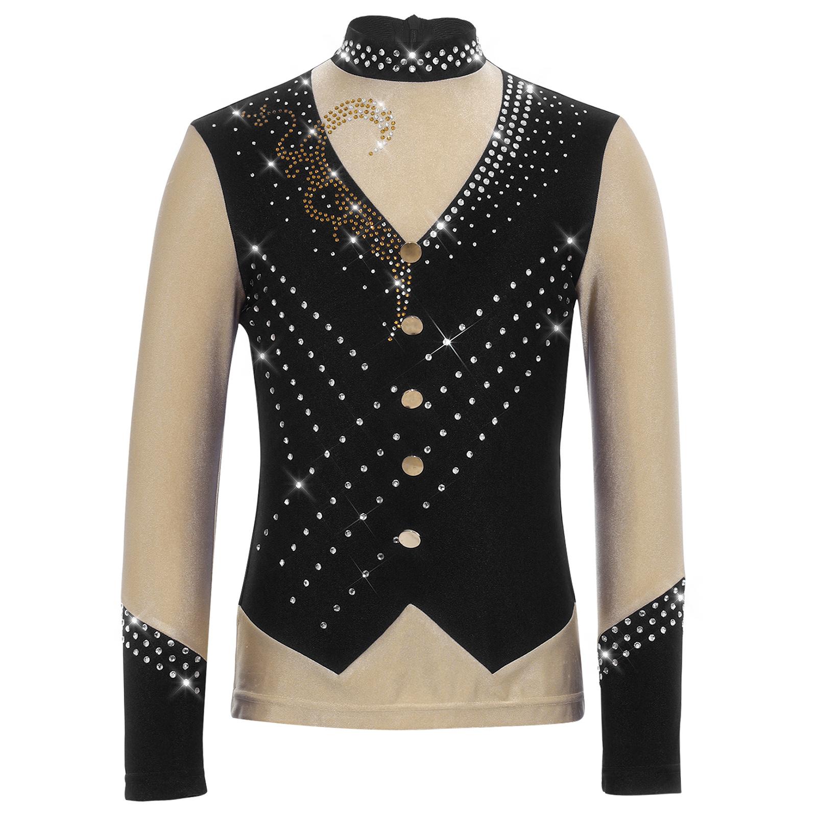 

Boys Ice Figure Skating Costume Mock Neck Long Sleeve Sparkly Rhinestones Top 5-6 Years чорний