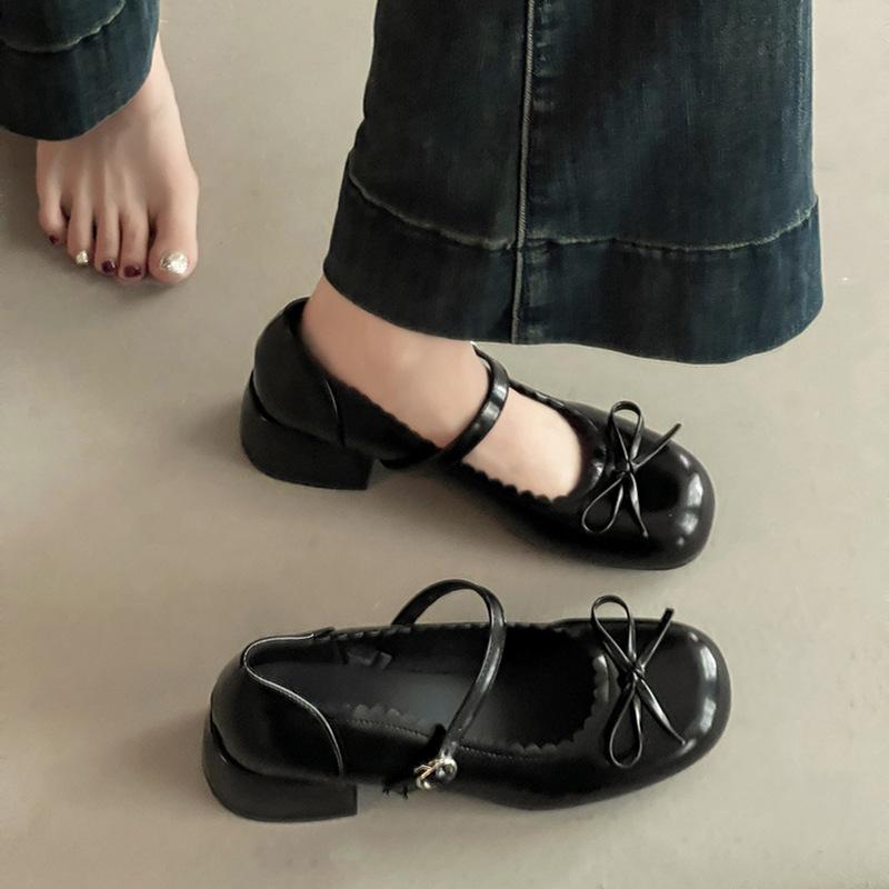 French bow thick heel Mary Jane single shoes summer one-button small leather shoes ballet women thick heel high heels
