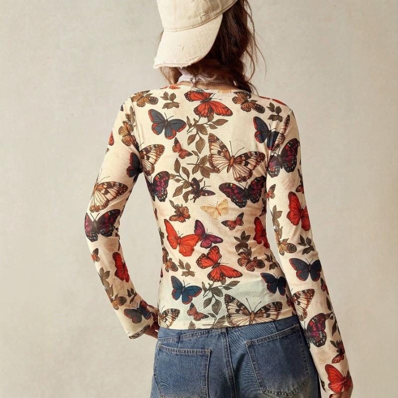 Women S V Neck Long Sleeve Butterfly Print Slim Fit Blouse