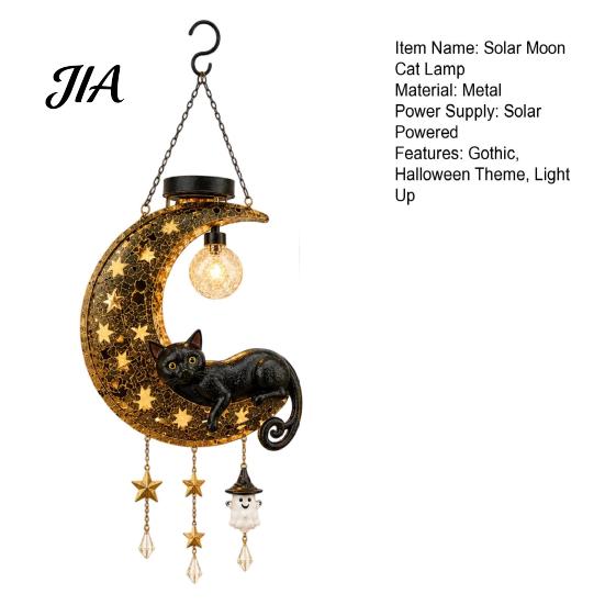 Whimsical Cat Sculpture for Garden Solar Halloween Hanging Moon Lamp with Ghost Star Charm, Black On Crescent Illuminated Outdoor Decor Home