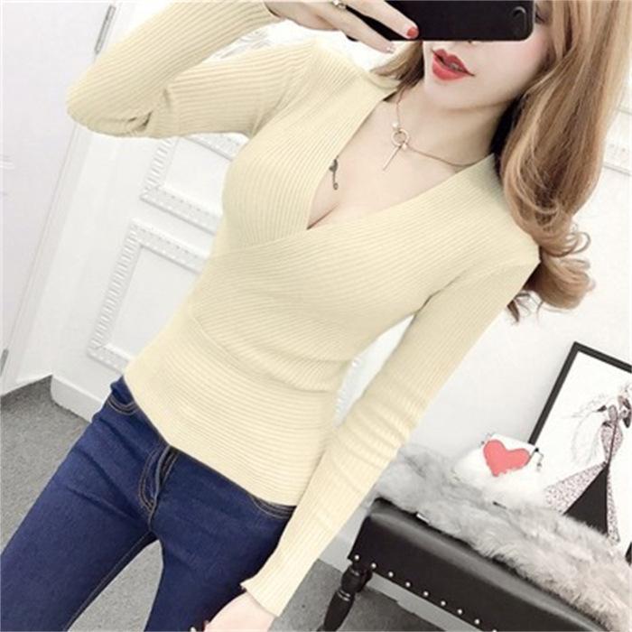 Women's Slimming V-Neck Sweater - Autumn/Winter Long Sleeve Knit Top