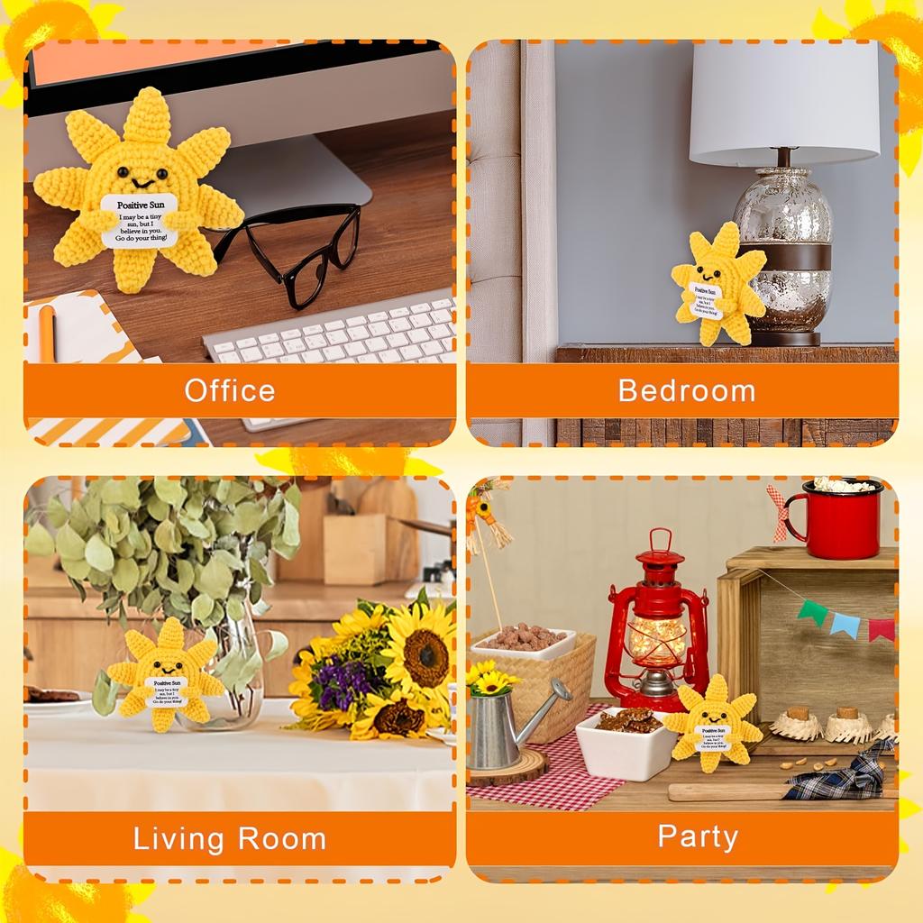 1/2pcs Positive Sun Crochet Dolls with Inspirational Cards-Handmade Yellow Knitted Suns for New Year, Birthday Party Decorations