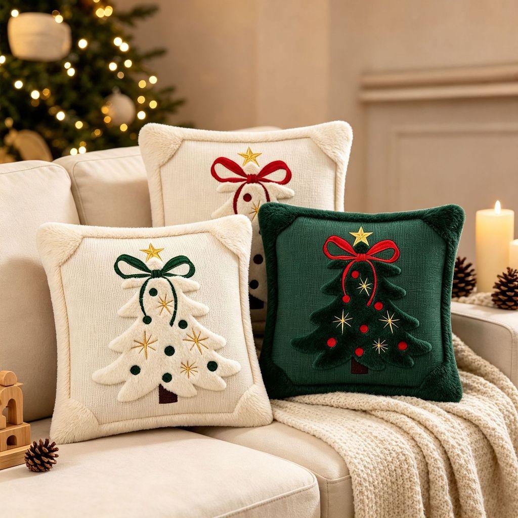 Christmas Tree Embroidered Pillow Cover With Bow Design For Home Decor