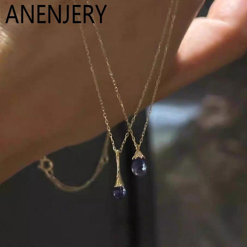 

ANENJERY Blue Water droplet Pendant Thin Chain Necklace For Women Simple Temperament Neck Luxury Vintage Jewelry Gifts Wholesale синій