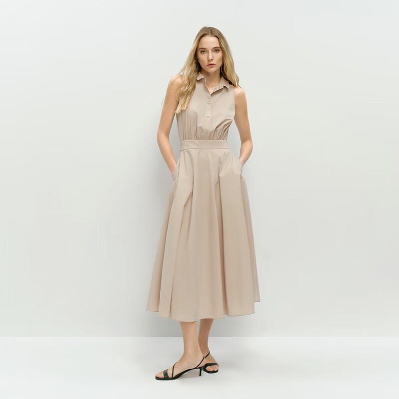 

OVVOVV Women s Lapel Waist-Cinching Sleeveless Dress L