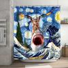 Funny Shower Curtain Brave Cat Cartoon Shower Curtain Waves Ocean Decor Fabric Shower Curtain Set with Hooks Bathroom Decoration
