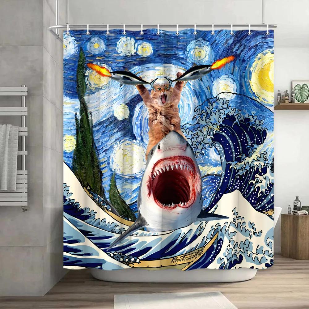 Funny Shower Curtain Brave Cat Cartoon Shower Curtain Waves Ocean Decor Fabric Shower Curtain Set with Hooks Bathroom Decoration