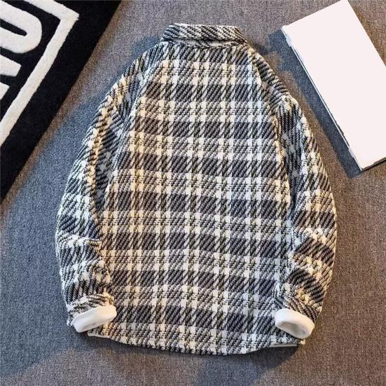 Pánská vlněná bunda klopa dlouhý rukáv kostkovaný vzor jednoradové zapínání kabát s náprsní kapsou volný střih bunda kabát