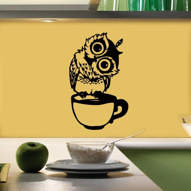 Cute Cartoon Owl On Mug Wall Stickers Coffee Decorative Decal for Kitchen Dining Room Vinyl Stickers for Coffee Bar Home Decor