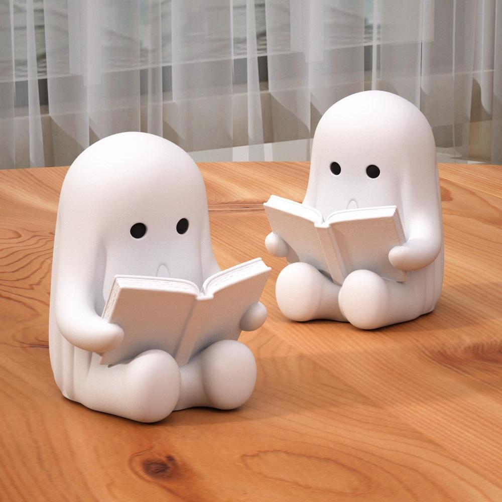 Cute Ghost Figurine Creative Reading Ghost Bookend Pencil Holder Desk Decor Gift for Friends