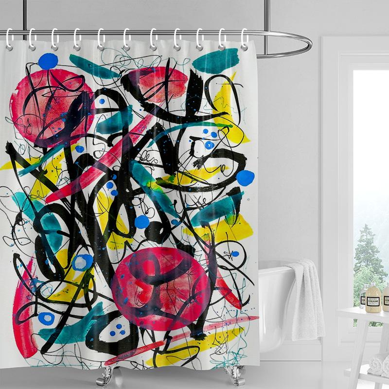 Abstract Handprint Shower Curtain - White with Colorful Geometric Shapes, Waterproof with Grommets, Modern Bathroom Decor