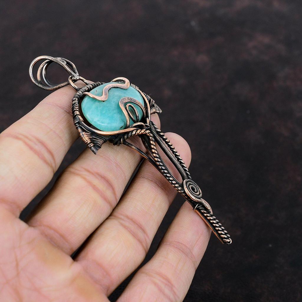 Amazonite Pendant Copper Wire Wrapped Gemstone Pendant Real Amazonite Jewelry Ethnic Style Pendant Handmade Copper Jewelry Anniversary Gift
