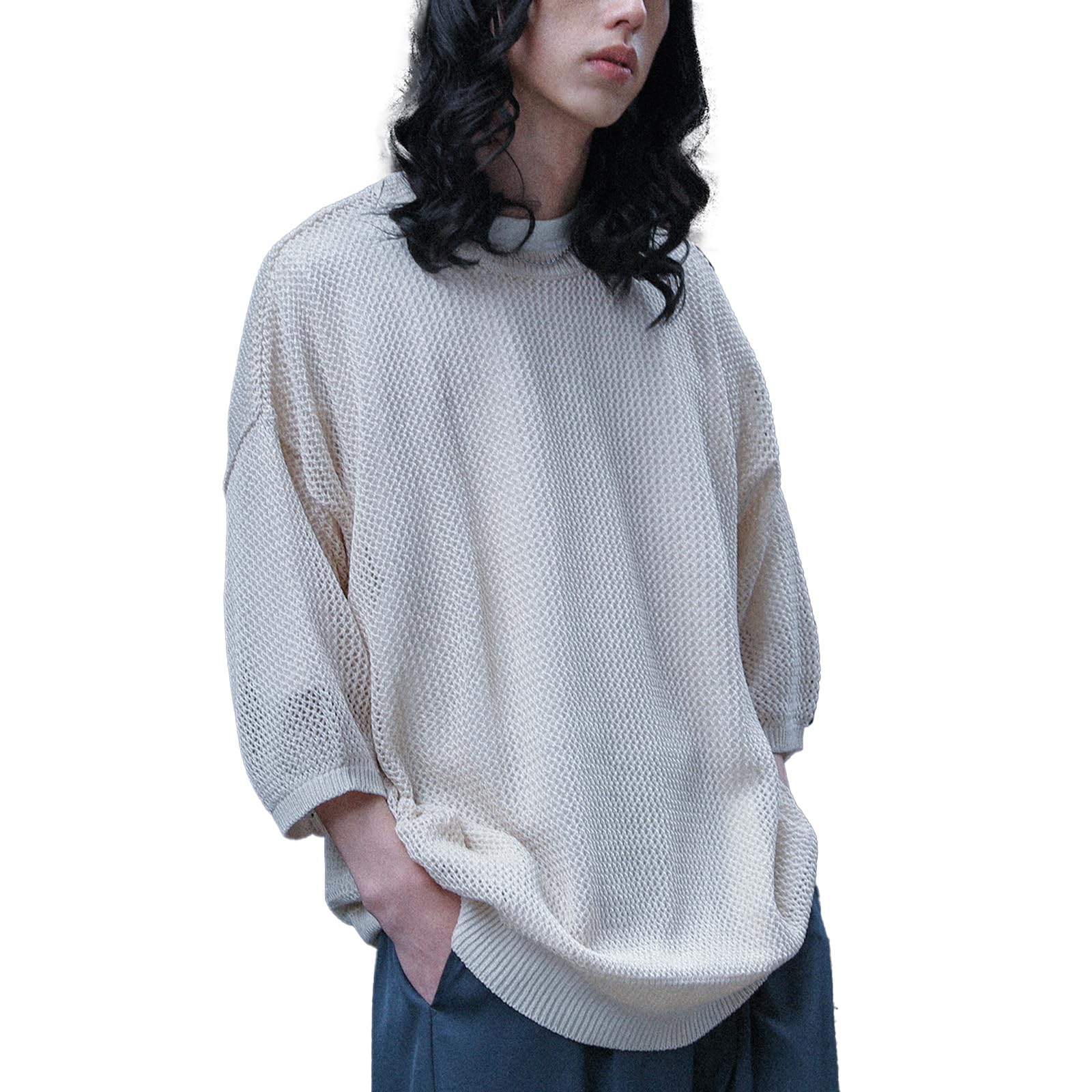 

[n OrLABEL] Stylish Walker [MDR Oversized Mesh Knit Sweater] Men s Crew Neck Long Sleeve Sweater Spring Autumn Winter Simple Casual Mesh Knit Loose Fi