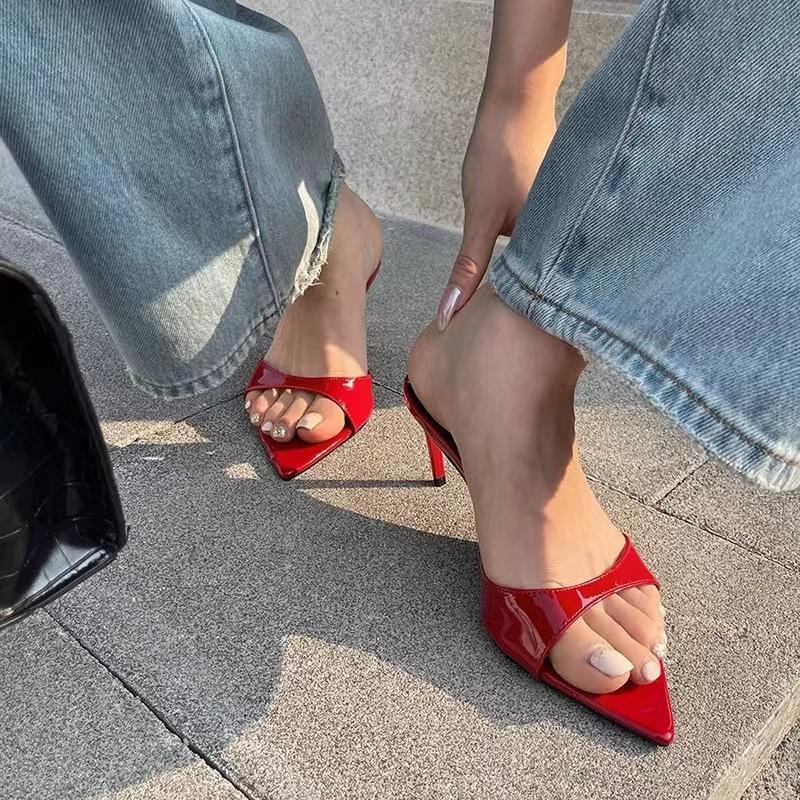 2024 European and American Simple High-heeled Slippers 2025 New Pointed Sexy Cool Slippers with Stiletto Women's Shoes
