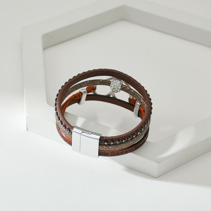 Vintage Multi-layer Leather Bracelet Womens Hollowed Out Heart-shaped Crystal Studded Magnetic Buckle Bangle Party Jewelry