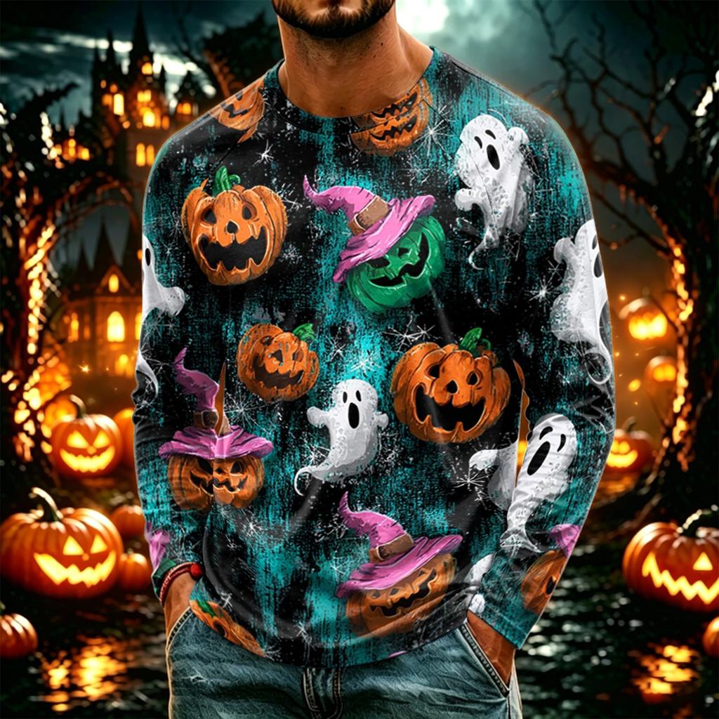 Men's Halloween Printed Long Sleeve T-Shirt, Lightweight Casual Crewneck Top