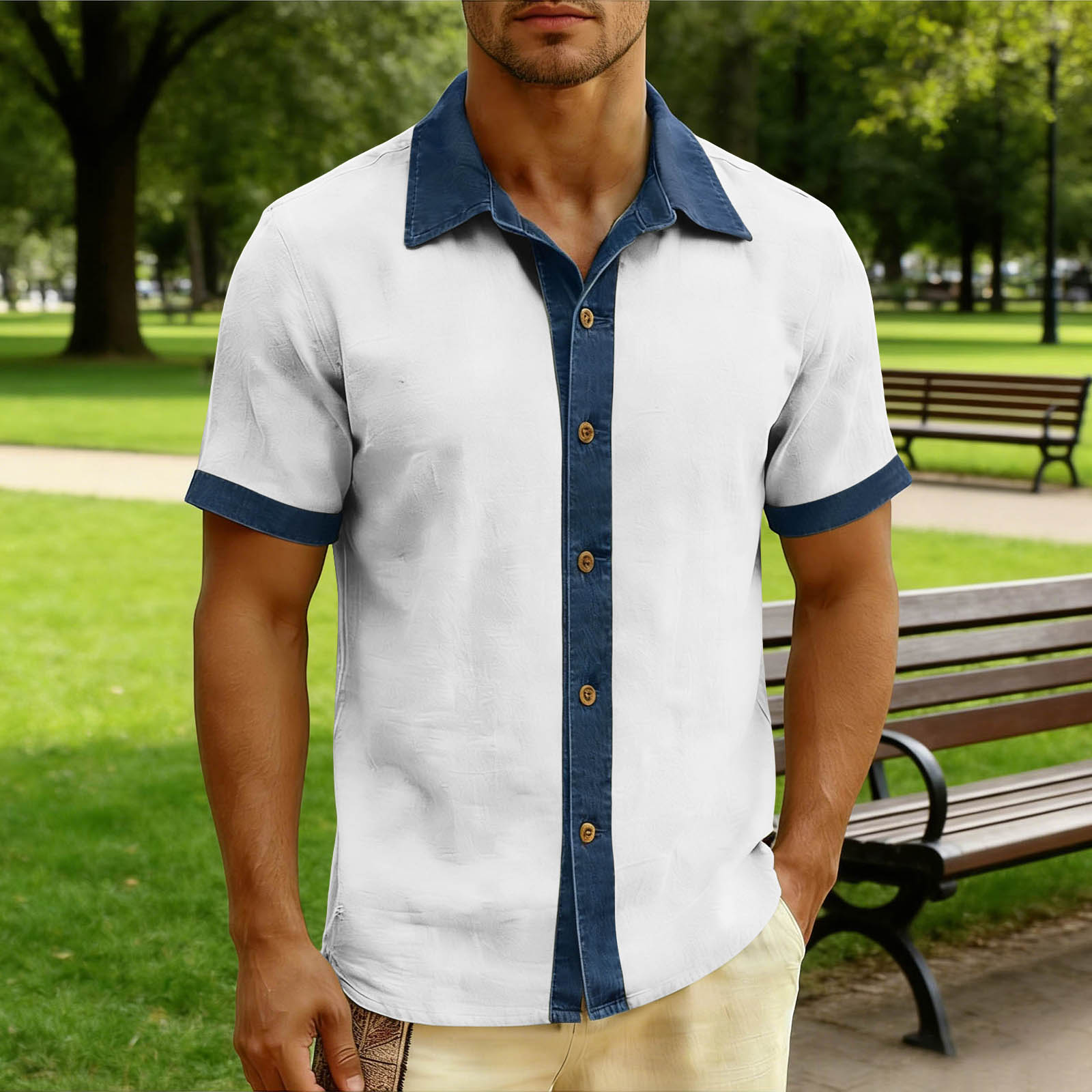 

Men Short Sleeve Button Down Shirt Lapel Casual Fit Lightweight Top with Front Placket Design XXL