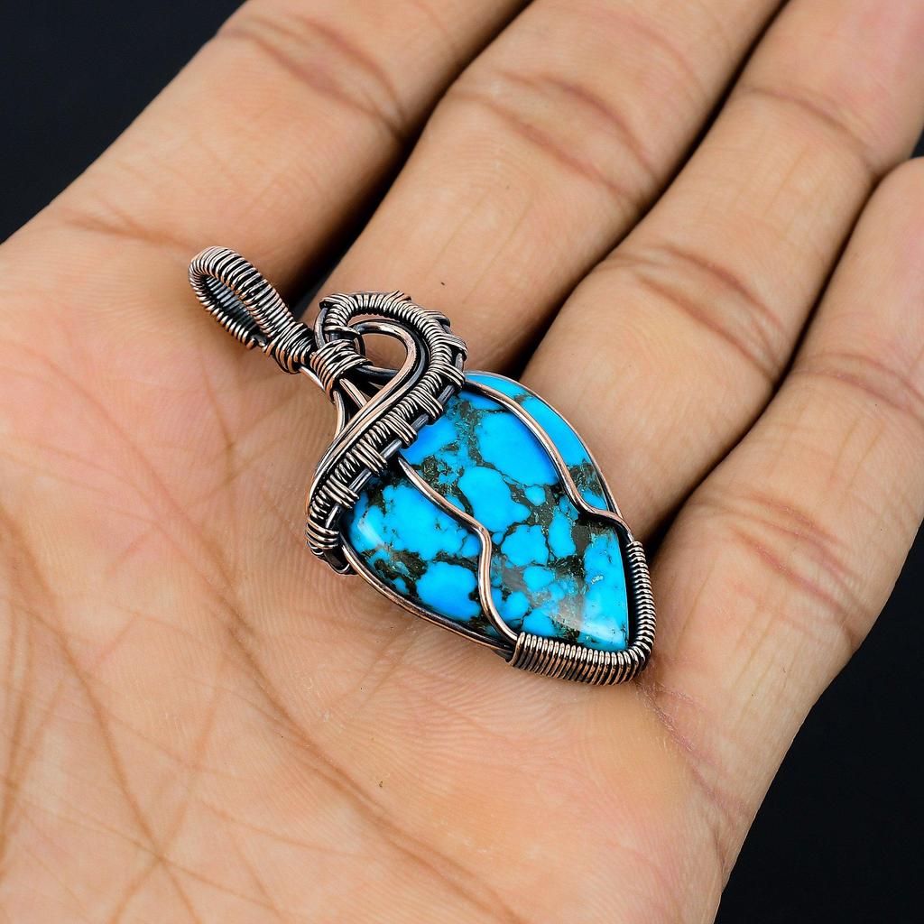 Tibetan Turquoise Pendant, 999 Copper Wire Wrapped Gemstone Jewelry, Handmade Pendant, For Thanksgiving