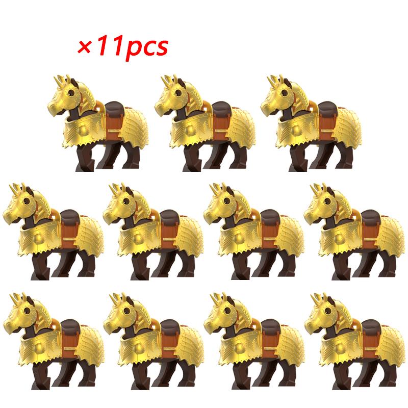 11pcs Medieval Gothic War Horse Building Blocks Silver/Gold/Iron/Armored Horses Battle Steed DIY Bricks Toys