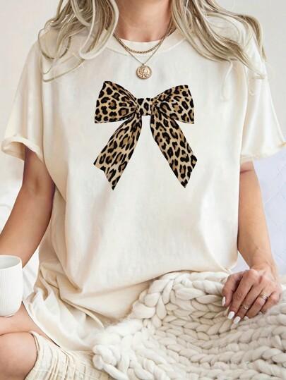 Ladies Casual Round Neck Tshirt Leopard Print Big Bow Black Top Loose and Comfortable Plus Size Short Sleeved Shirt