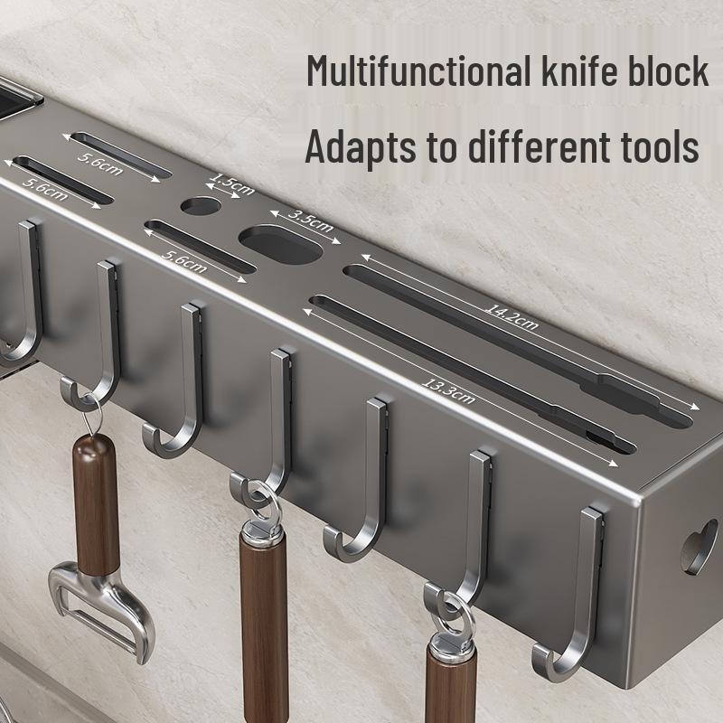 Wall-Mounted Kitchen Knife & Chopstick Storage Rack with Hooks (Punch-Free)