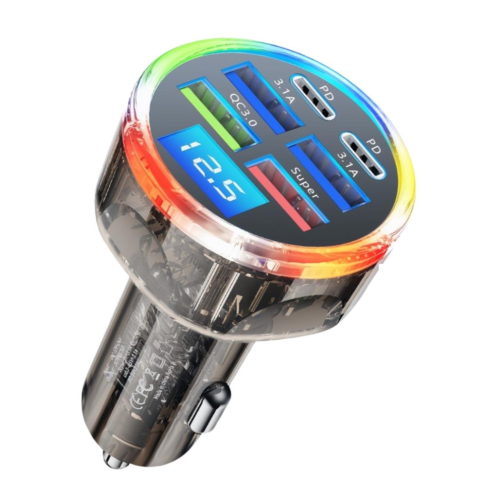 Încărcător auto USB cu 5 porturi de 150W cu PD30W Type-C, Afișaj de tensiune și Încărcare rapidă multi-protocol pentru vehicule de 12–32V