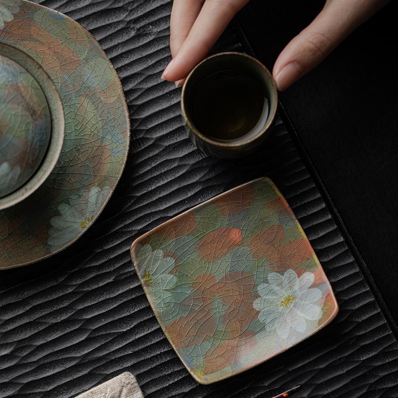 Handmade Ceramic Tea Cup Coaster Flower Shape Saucer Kung Fu Tea Set Rust Glaze Heat Resistant Pad Tea Ceremony Accessory Retro