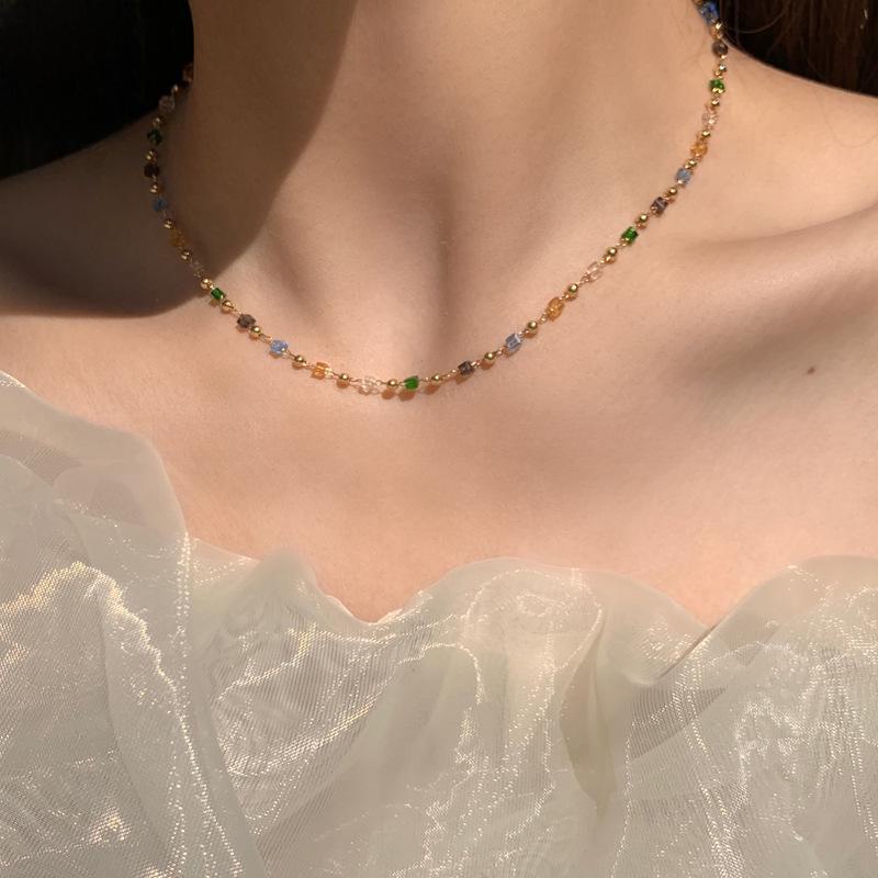 Ultra-Fine Colored Crystal Clavicle Necklace - Summer Luxury, High-End Forest Style with Small Beads for Women