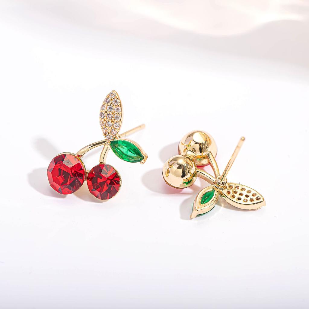 Green Leaf Red Cherry Stud Earrings for Women Earring Jewelry Gift