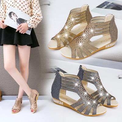 Women Sandals Summer Fashion Back Zipper Wedge Sandal with Rhinestones Hollow Out Gladiator Shoes Vintage Peep Toe Woman Shoes