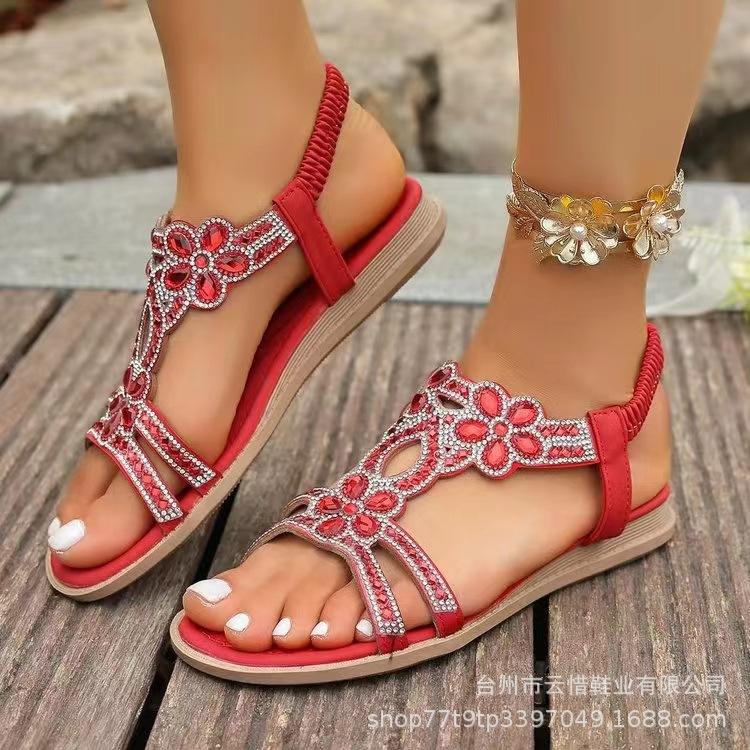 Mode Übergröße 36-46 Damenschuh Strass Flache Sandalen Gummiband Strandschuhe für Frauen Mode Lässig Offene Zehen Sandalias De Mujer