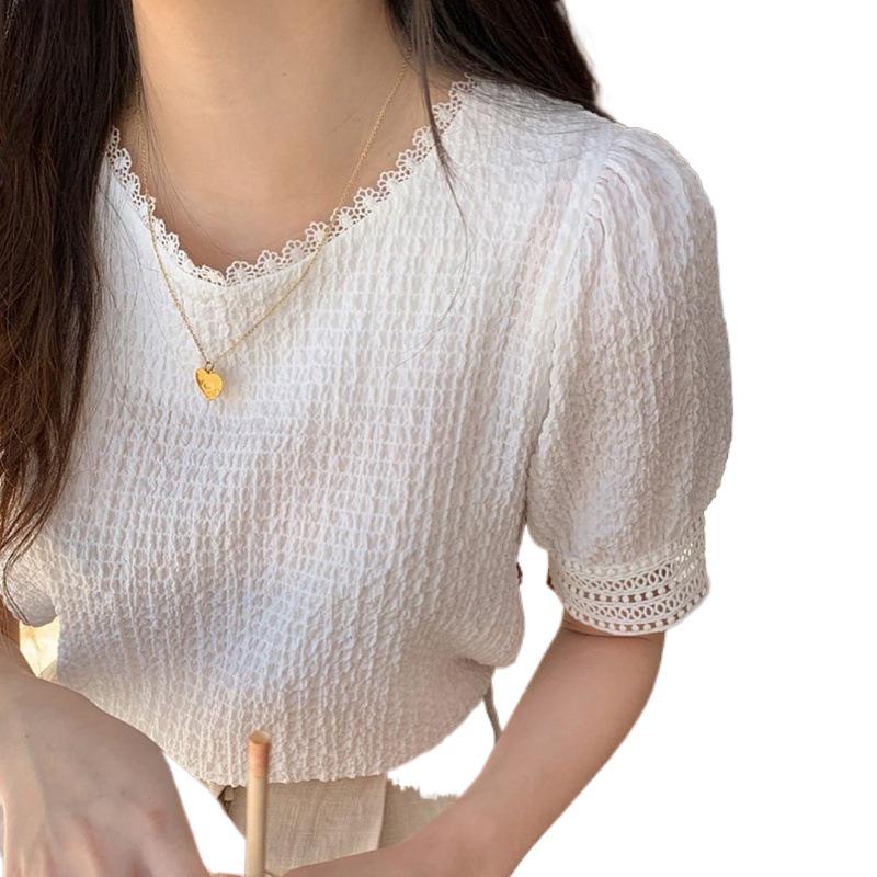 Korean Chic Women's Puff Sleeve Lace Patchwork Pleated White Summer Top