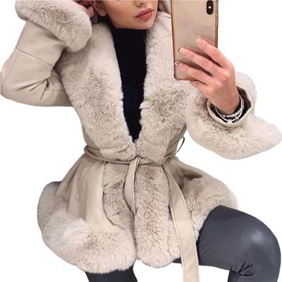 Open Stitch Belt Pockets Long Sleeve Jacket Coat Women Autumn Winter Plush Trim Faux Leather Outerwear