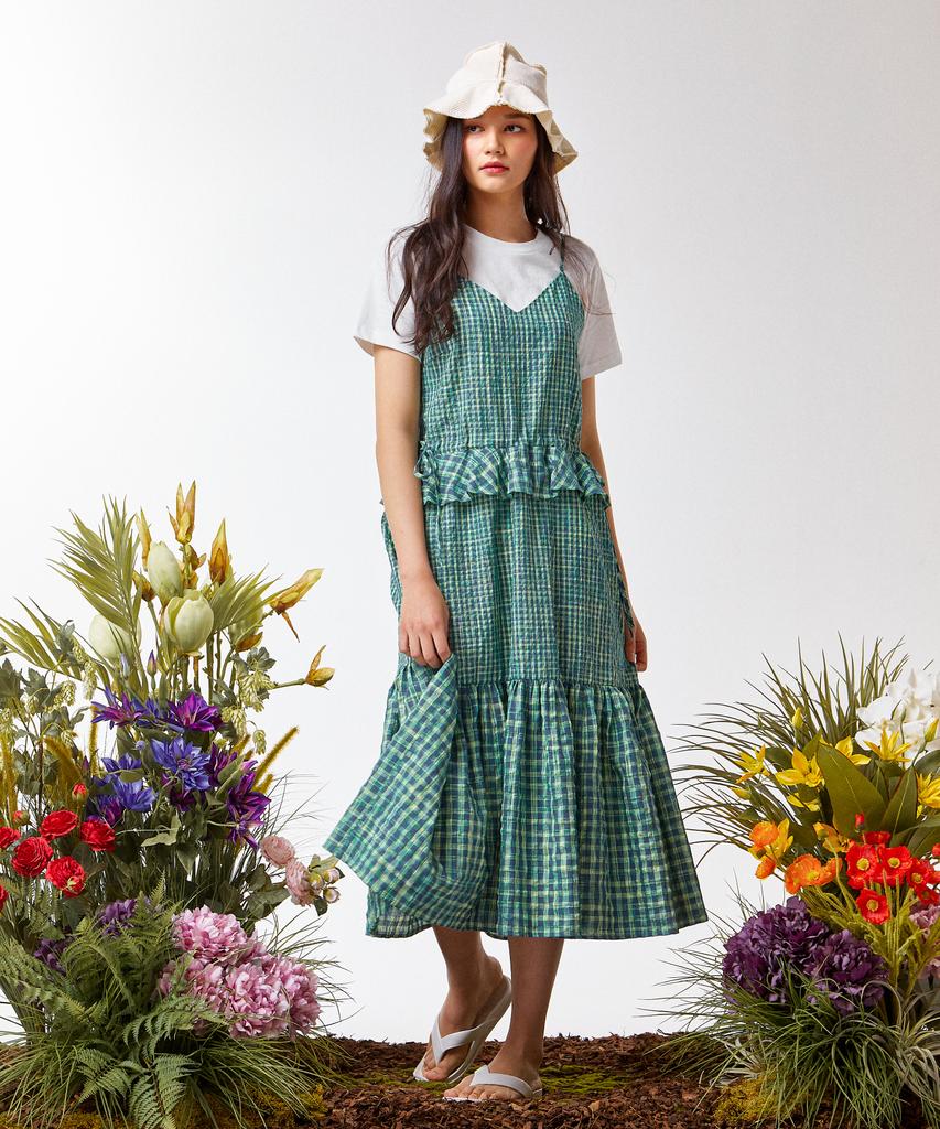 Weibeugeon Neon Check Mix Long Dress Green