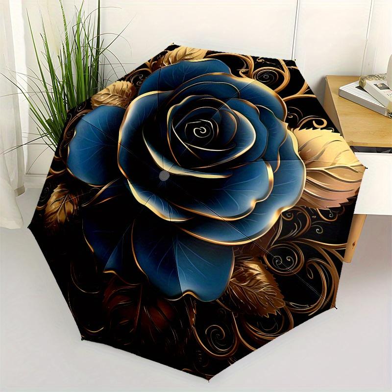 

Elegant Blue Rose Gold Frame Umbrella, Portable 3 Fold Compact Umbrella for Men & Women,S278