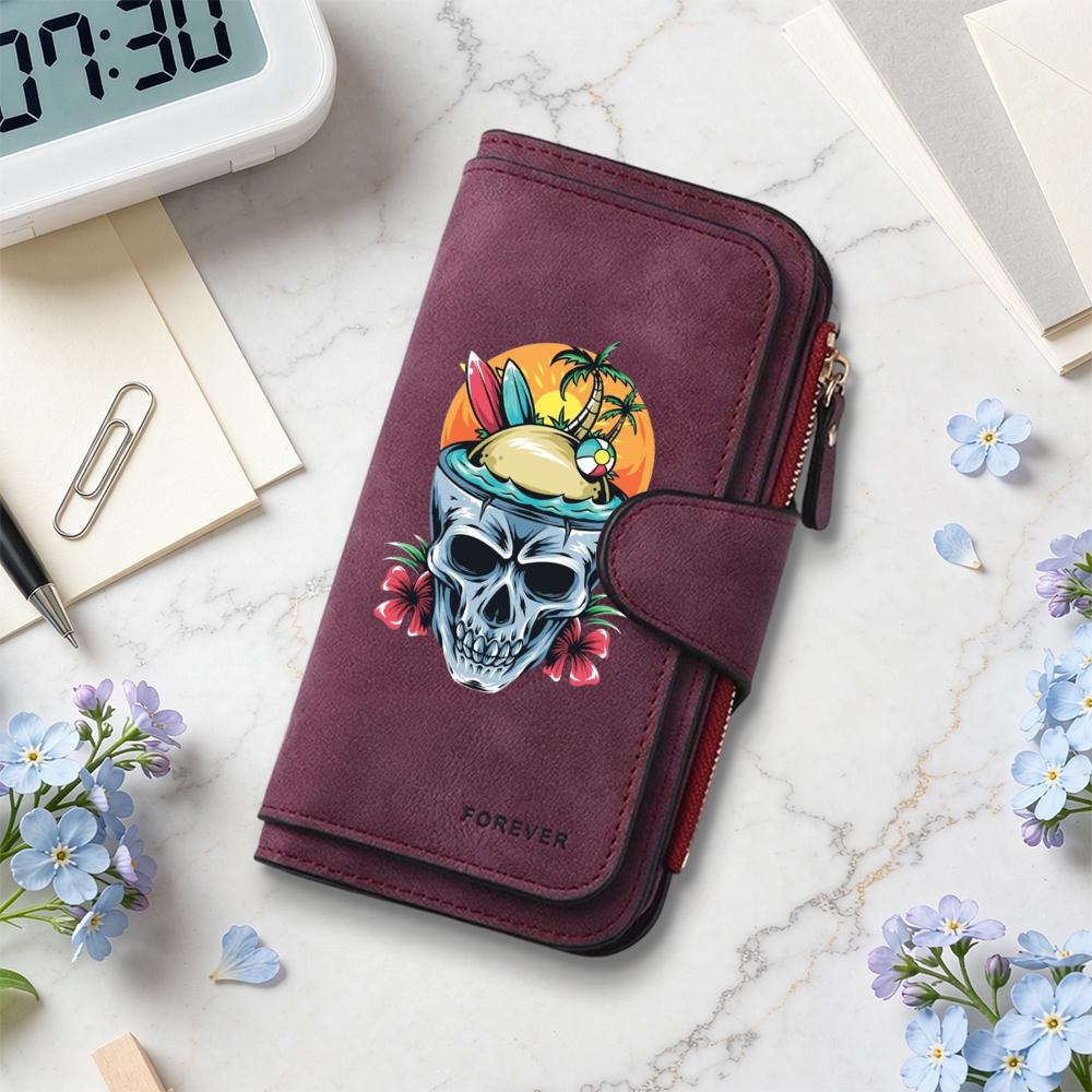 Skull Pattern Long Wallet Summer Beach Style Zipper Purse Forever Fashion Card Holder For Daily Use