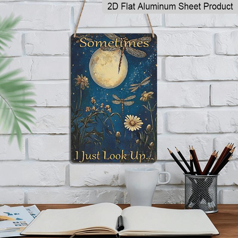 2D Flat Vintage Aluminum Dragonfly Moonlight Metal Sign - 8x12 Inches Aluminum Wall Art with Dandelion & Starry Sky Design, Indoor/Outdoor Hanging