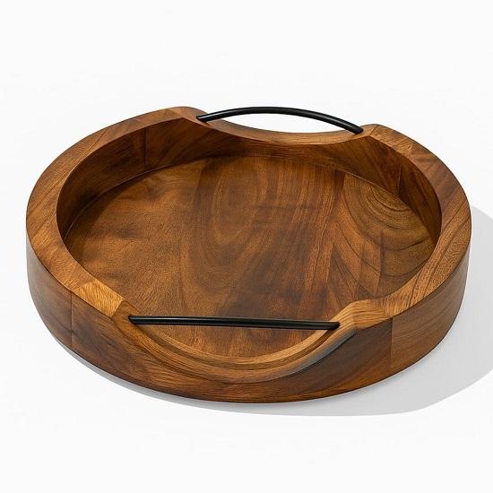 Round Wooden Serving Tray 25.4 cm Brown Wood Platter with Handles Rustic Decorative Tray for Coffee Table, Kitchen, Dining