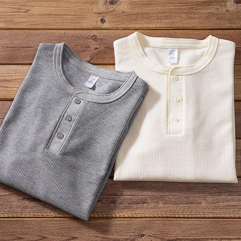 Men's Autumn Heavyweight Retro Waffle Long-sleeved T-shirt Loose Henley Collar Shirt
