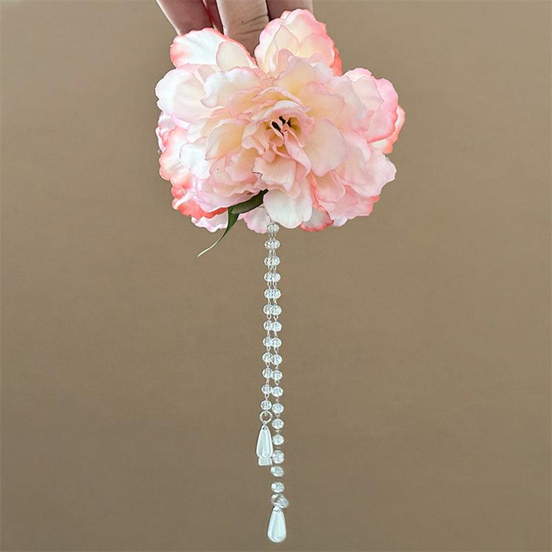Small Fresh Fabric Double-sided Flower Pearl Fringed Hairpin Sweet Niche Hairpin Shark Clip Hanfu Photo Hair Accessories