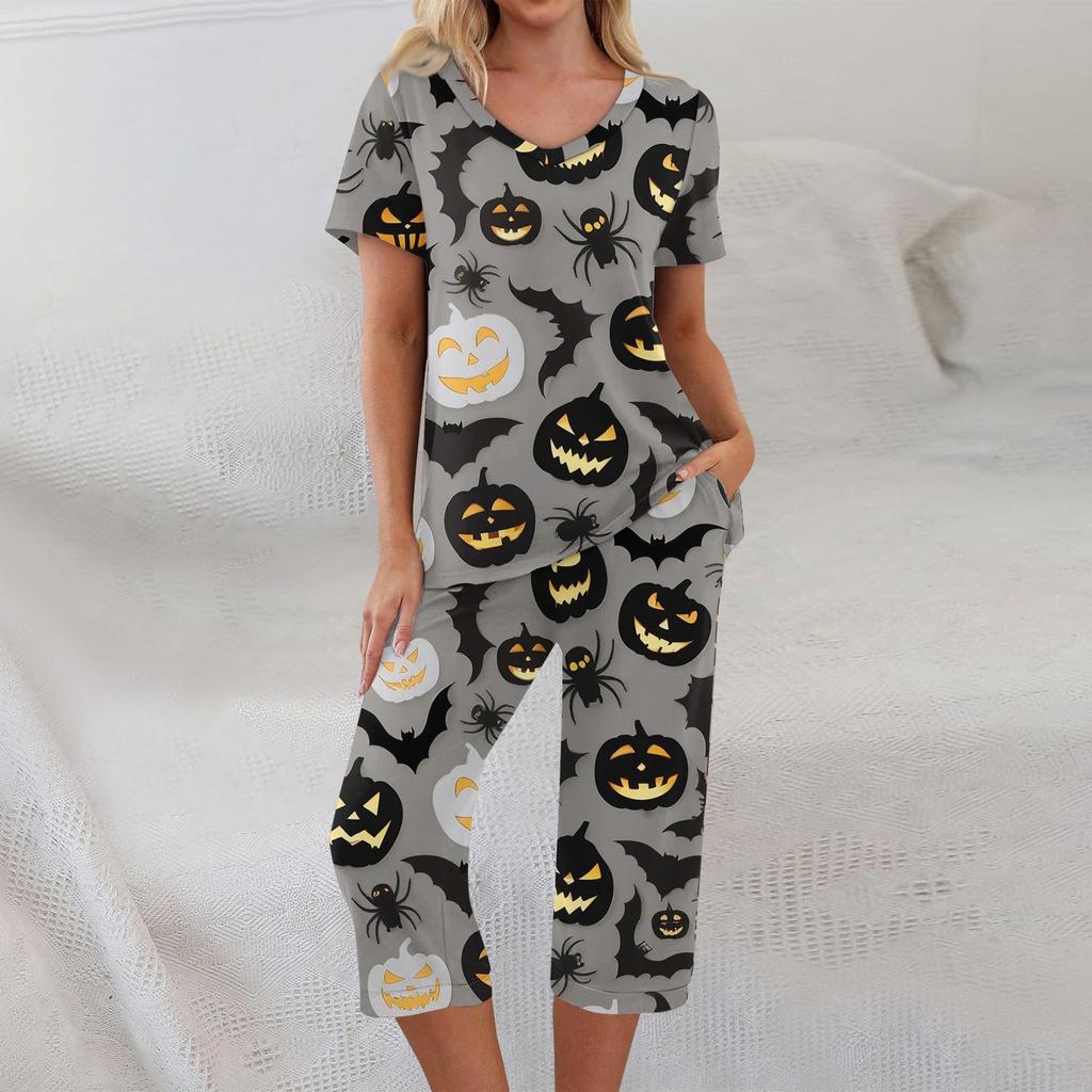 Conjuntos de 2 piezas para mujer Top de manga corta y pantalones con bolsillos Conjuntos suaves de entrenamiento con estampado de Halloween
