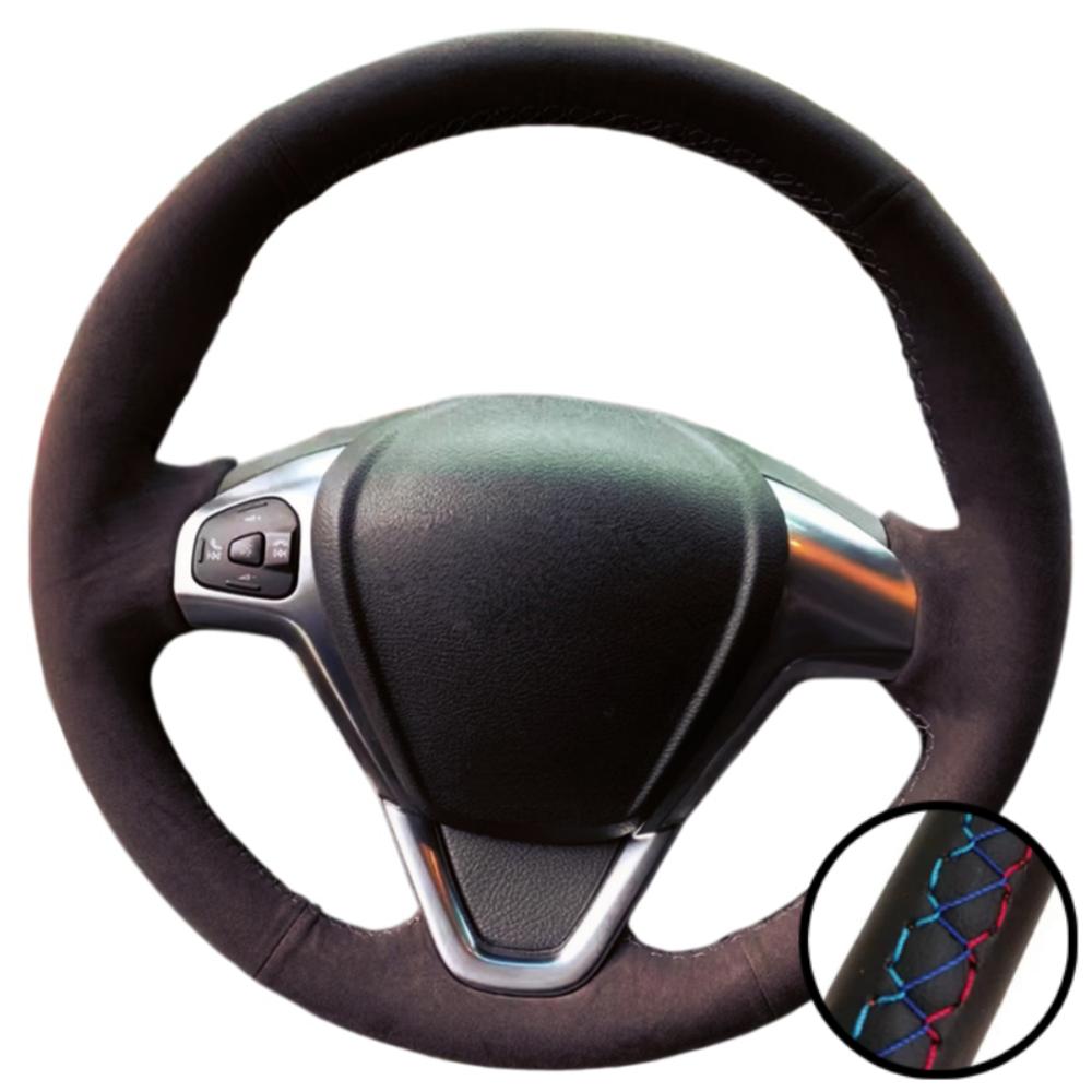 Car Interior Hand Stitched Black Breathable Soft Suede Leather 2008-2017 Steering Wheel Cover For Ford EcoSport Fiesta