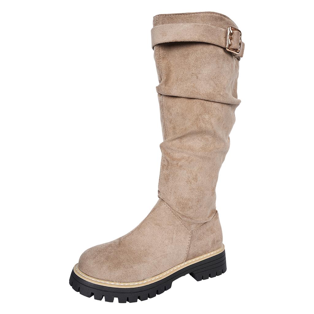 Women's Round Toe Flat Boots Plus Size Round Toe Solid Color Suede Square Heel Retro Knee High Boots Women Sexy Thigh High Boots