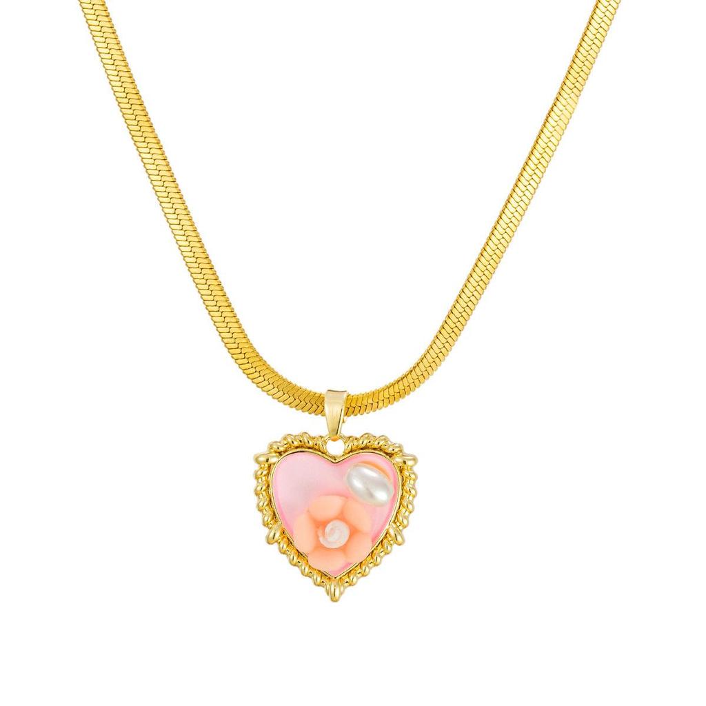 Little Mermaid Heart Pendant Necklace with Hand-Painted Flowers - Versatile Women's Fashion Accessory